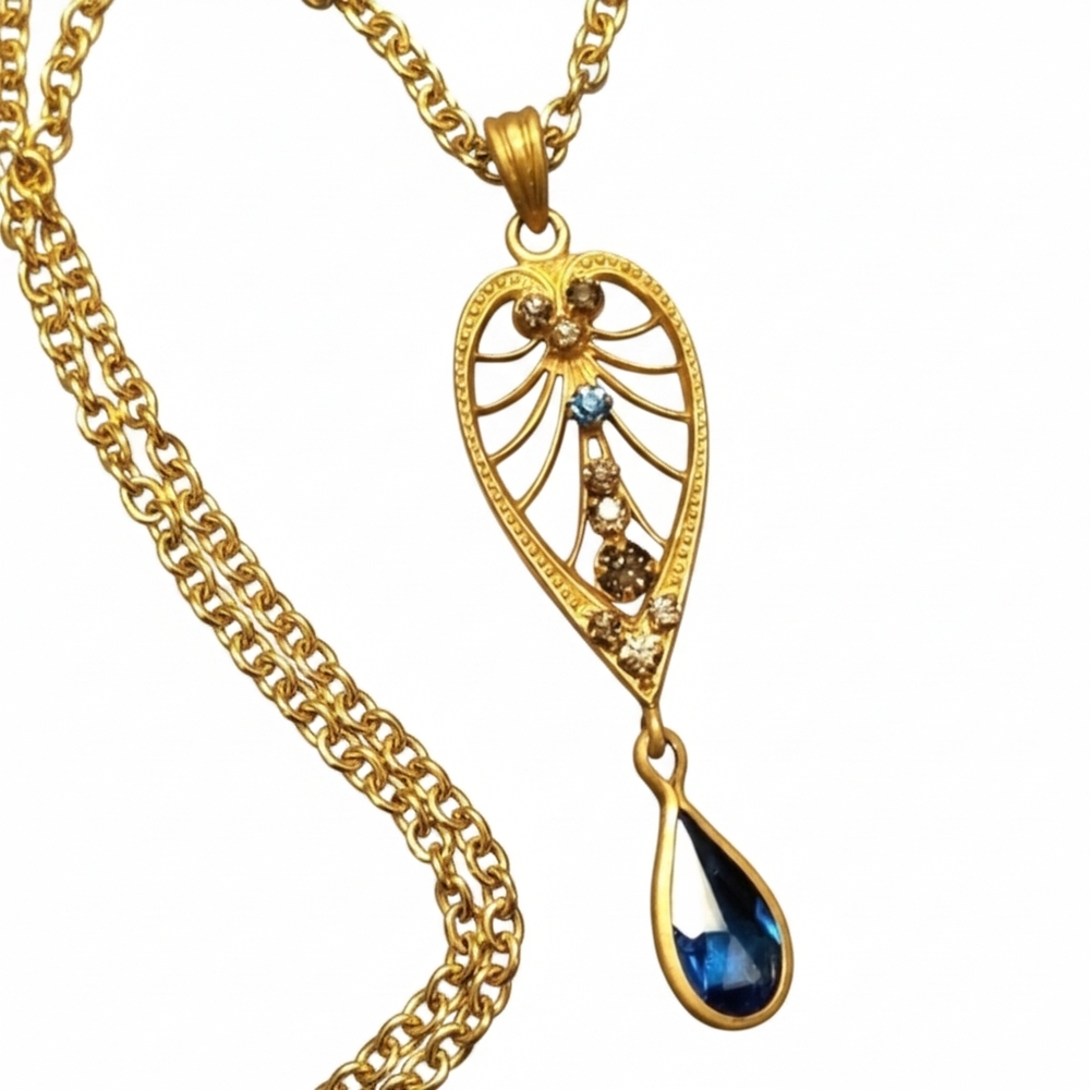 Vintage necklace lavaliere dainty blue gem necklace gold tone Art Nouveau